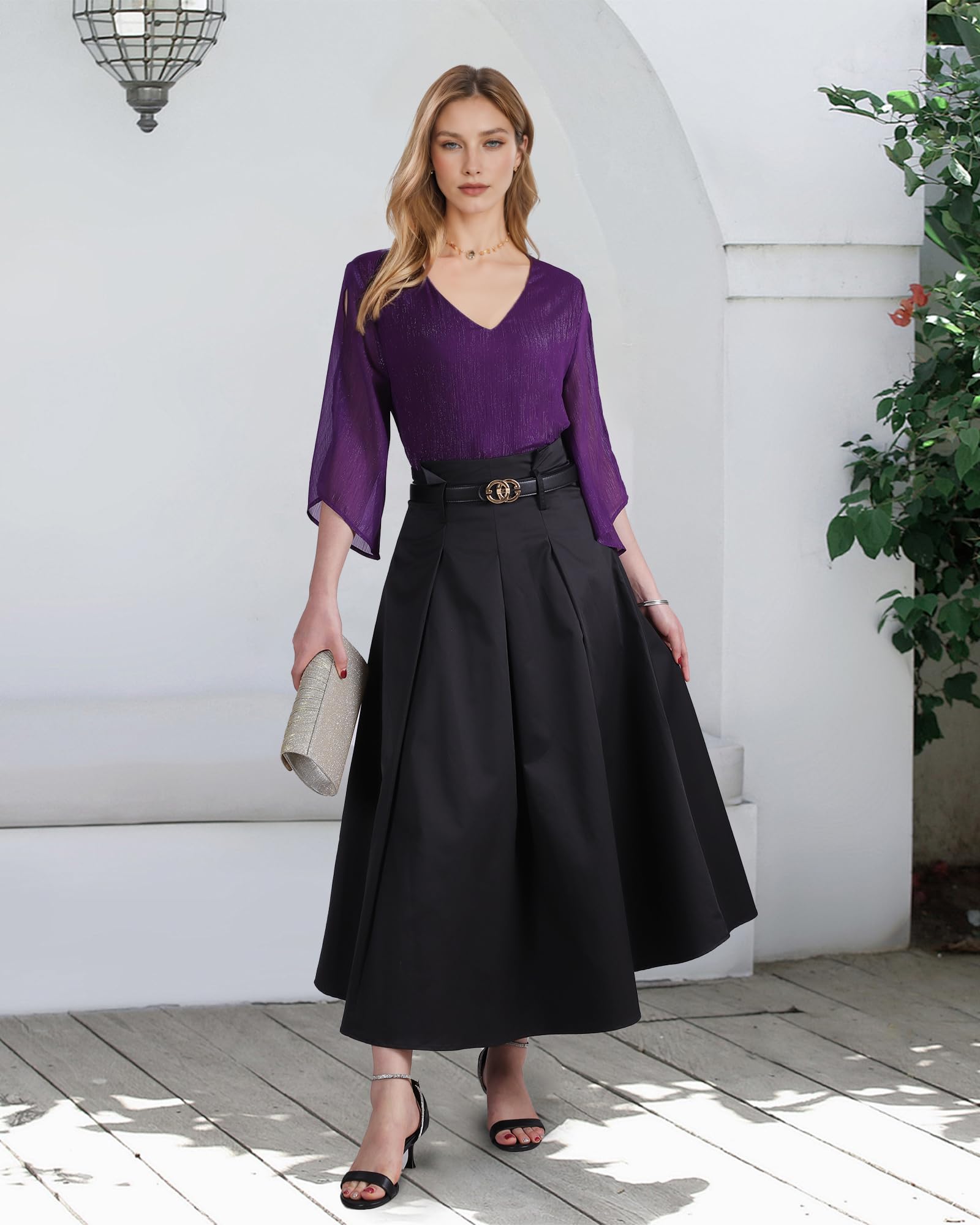 Bebonnie Blouses for Women Dressy Casual: Sparkly Womens Dress Shirts Business Casual Summer Outfits Long Sleeve Chiffon Blouses - Cute Summer Tops for Women Deep Violet L