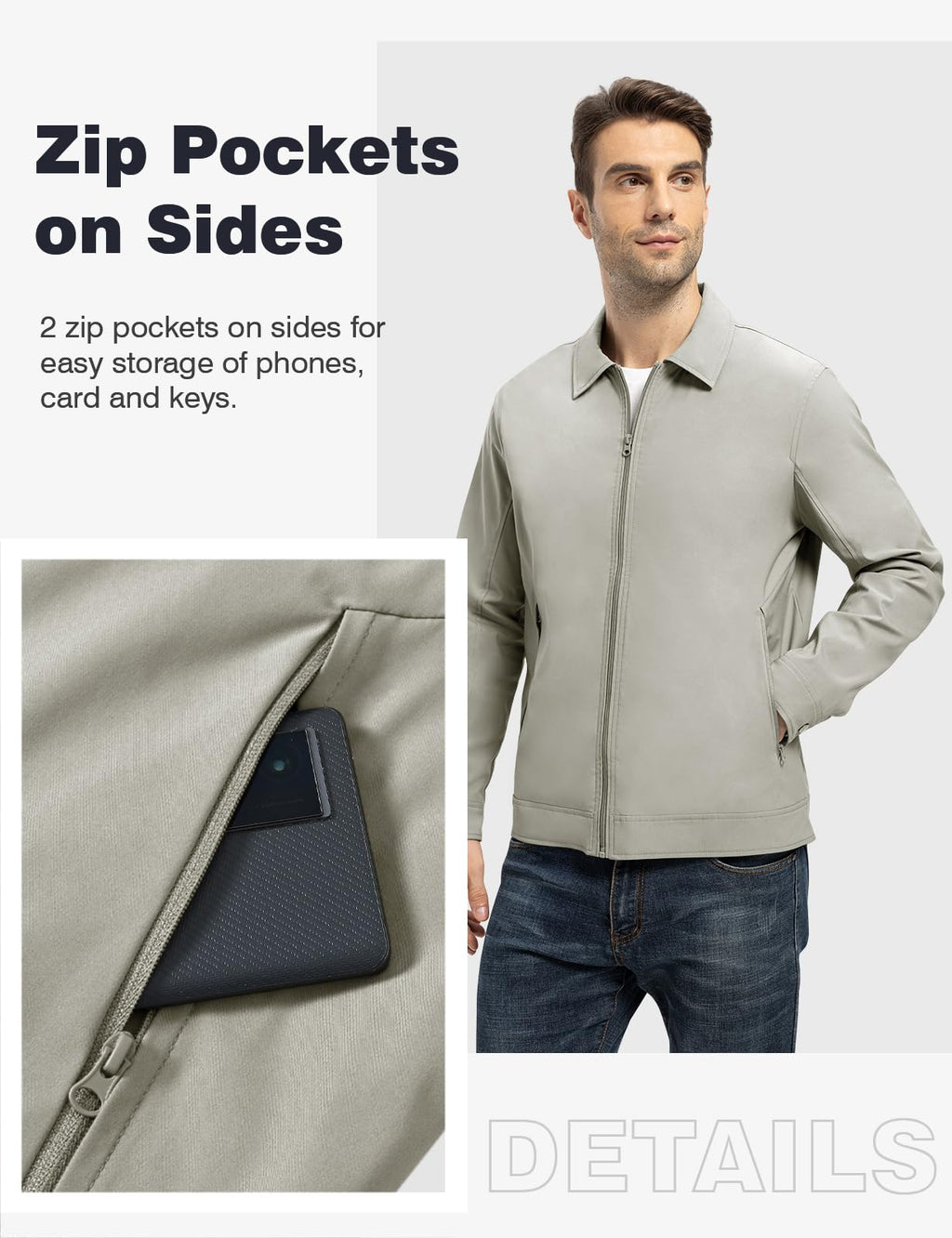 TBMPOY Men's Lightweight Jackets Casual Windbreaker Stylish Light Fall Spring Golf Work Dress Business Light Gray L