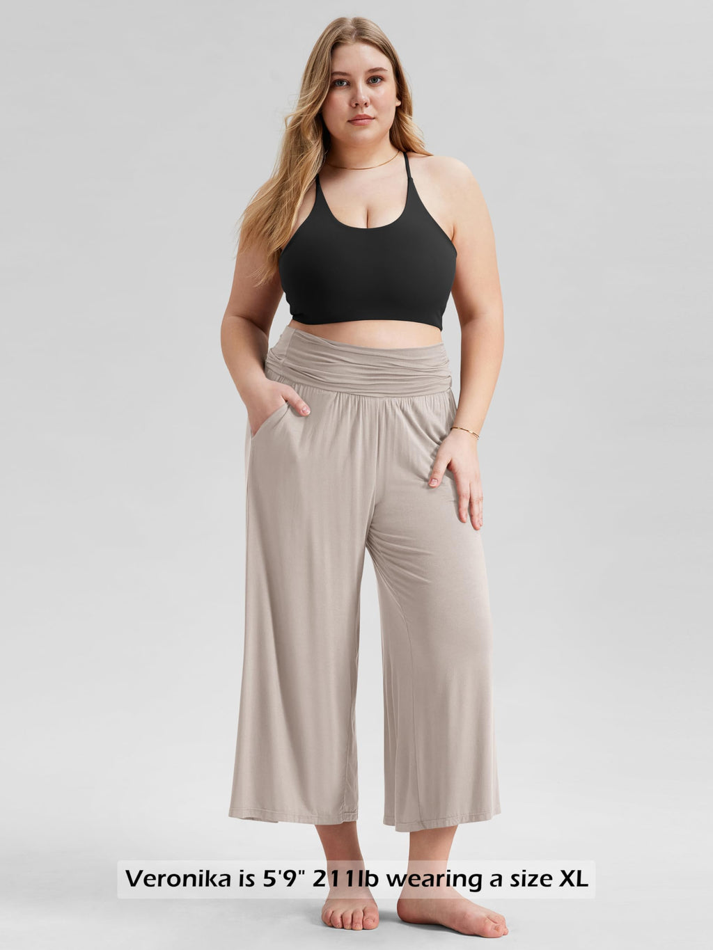 ODODOS Women's Wide Leg Palazzo Lounge Cropped Pants with Pockets Light Weight Comfy Casual Pajama Capri Pants-22 inseam, Light Beige, XX-Large