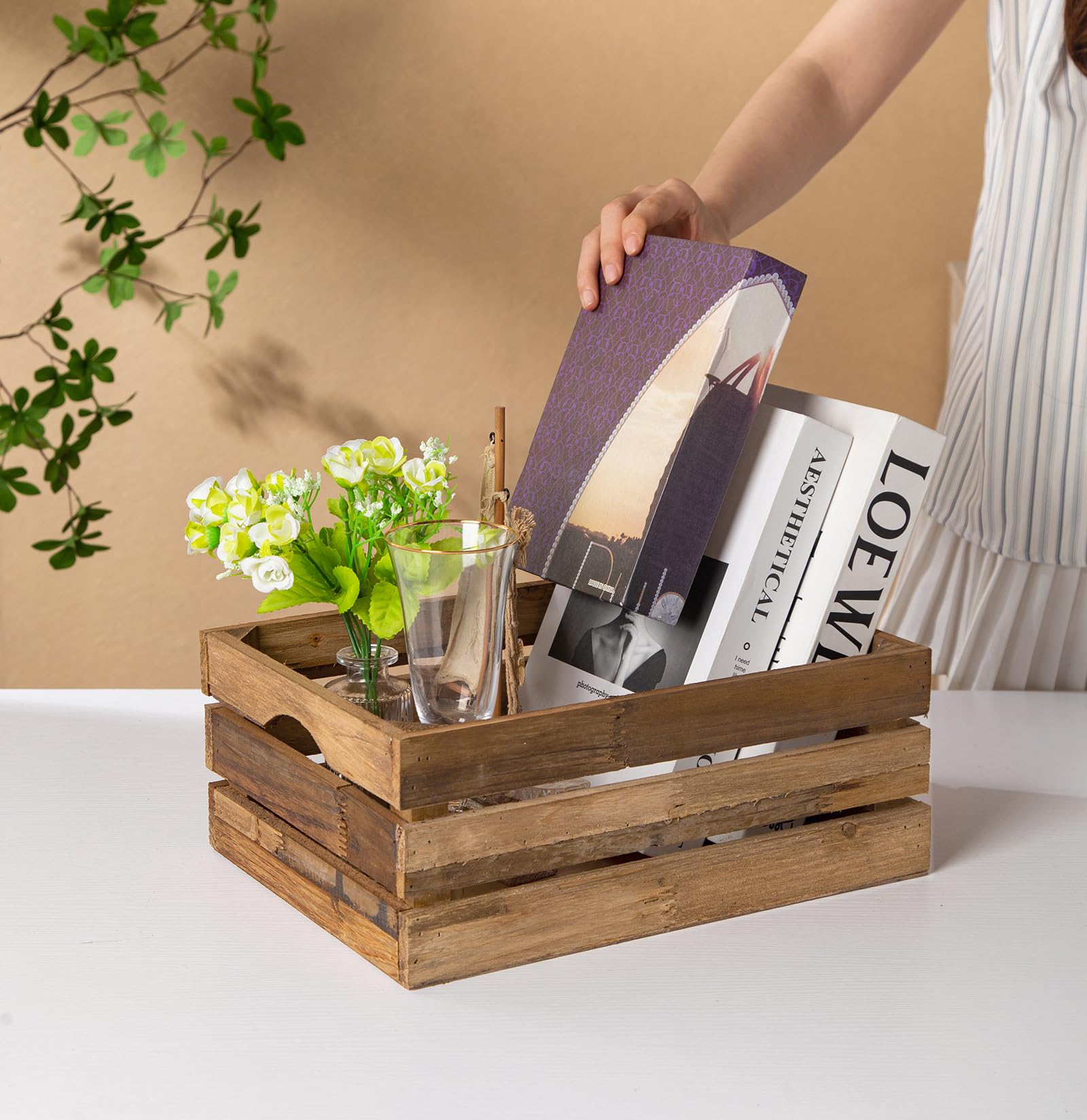 Set of 3 Nesting Wooden Crates, Rustic Wooden Storage Container Boxes with Cutout Handles, Decorative Farmhouse Wood Baskets for Display (Natural)