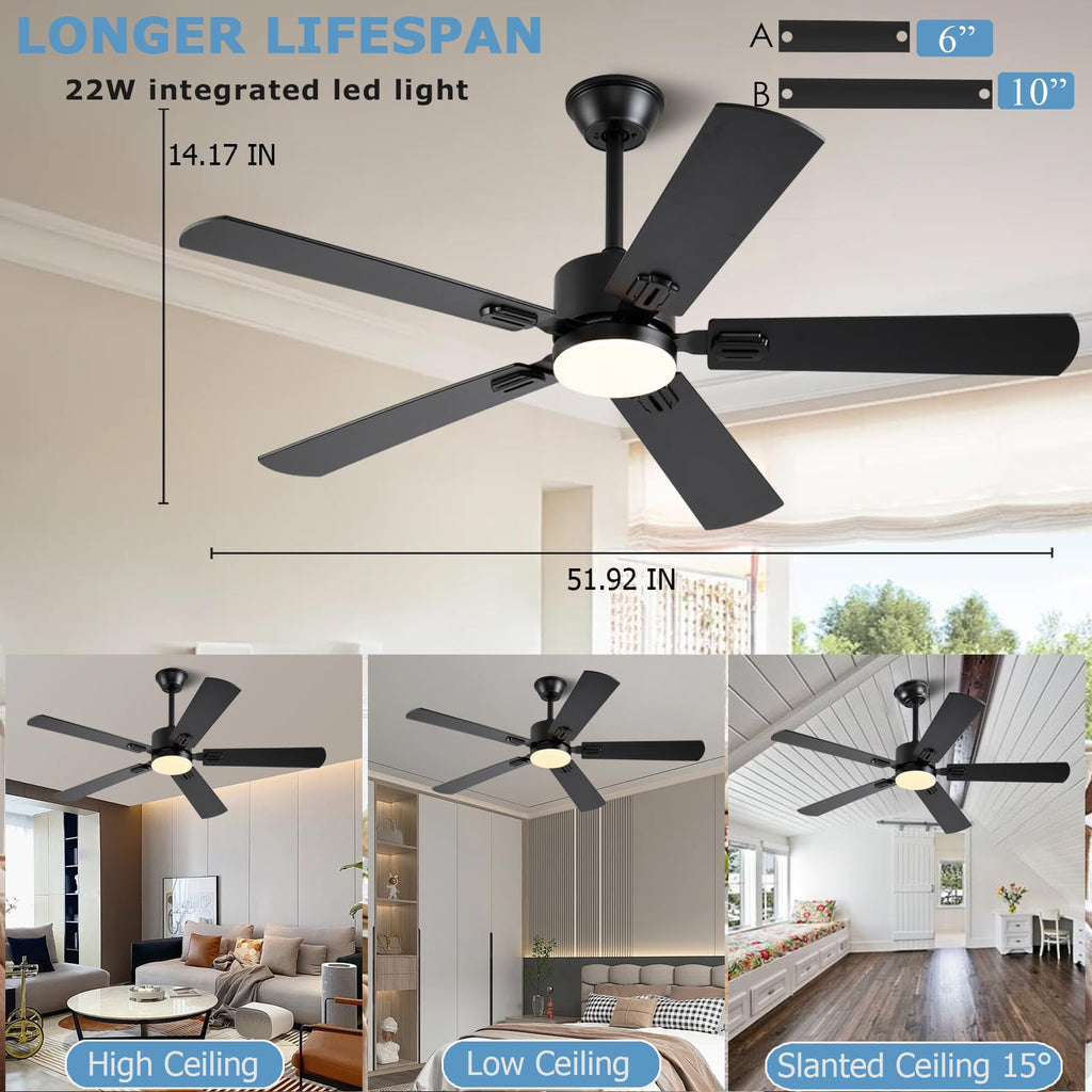 FUMLTP 52 inch Modern Ceiling Fans with Lights APP/Remote Control, Low Profile Reversible 6 Speeds Ceiling Fan Light for Indoor/Outdoor Patio Bedroom Living Room,Black