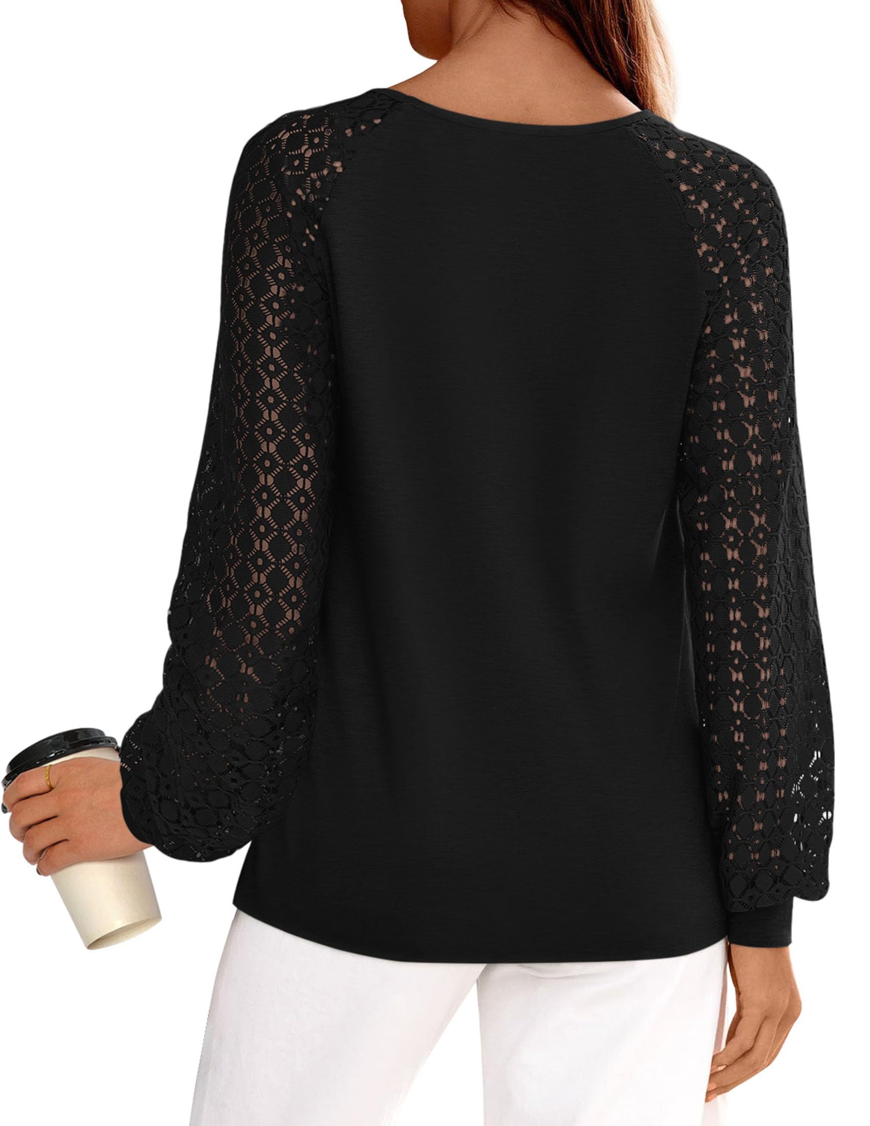 PRETTYGARDEN Long Sleeve Shirts for Women Trendy Lace Tops Dressy Casual Blouses 2025 Fall Outfits Fashion Clothing (Black,Large)