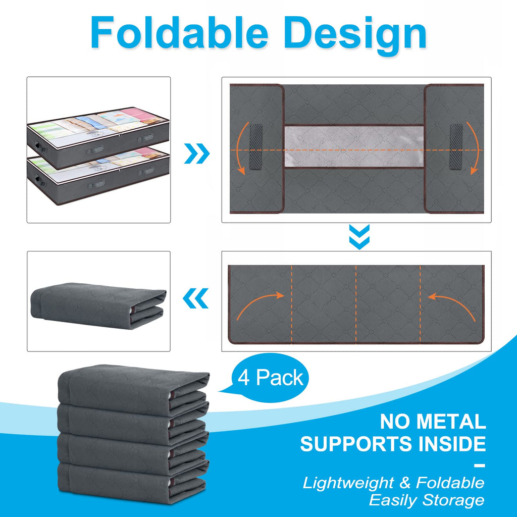 Budding Joy 90L Under Bed Storage Containers, Closet Organizers and Storage Bins, Foldable Underbed Storage Bags for Blanket, Clothing, Comforter, Sweaters, Pillows, Linen Sheets, Wrapping Paper, Grey