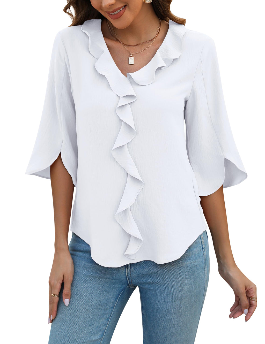 Blooming Jelly Womens Dressy Casual Blouses 3/4 Sleeve V Neck Ruffle Tops Business Ladies Summer 2025 Trendy Work Shirt (Medium, Ivory White)