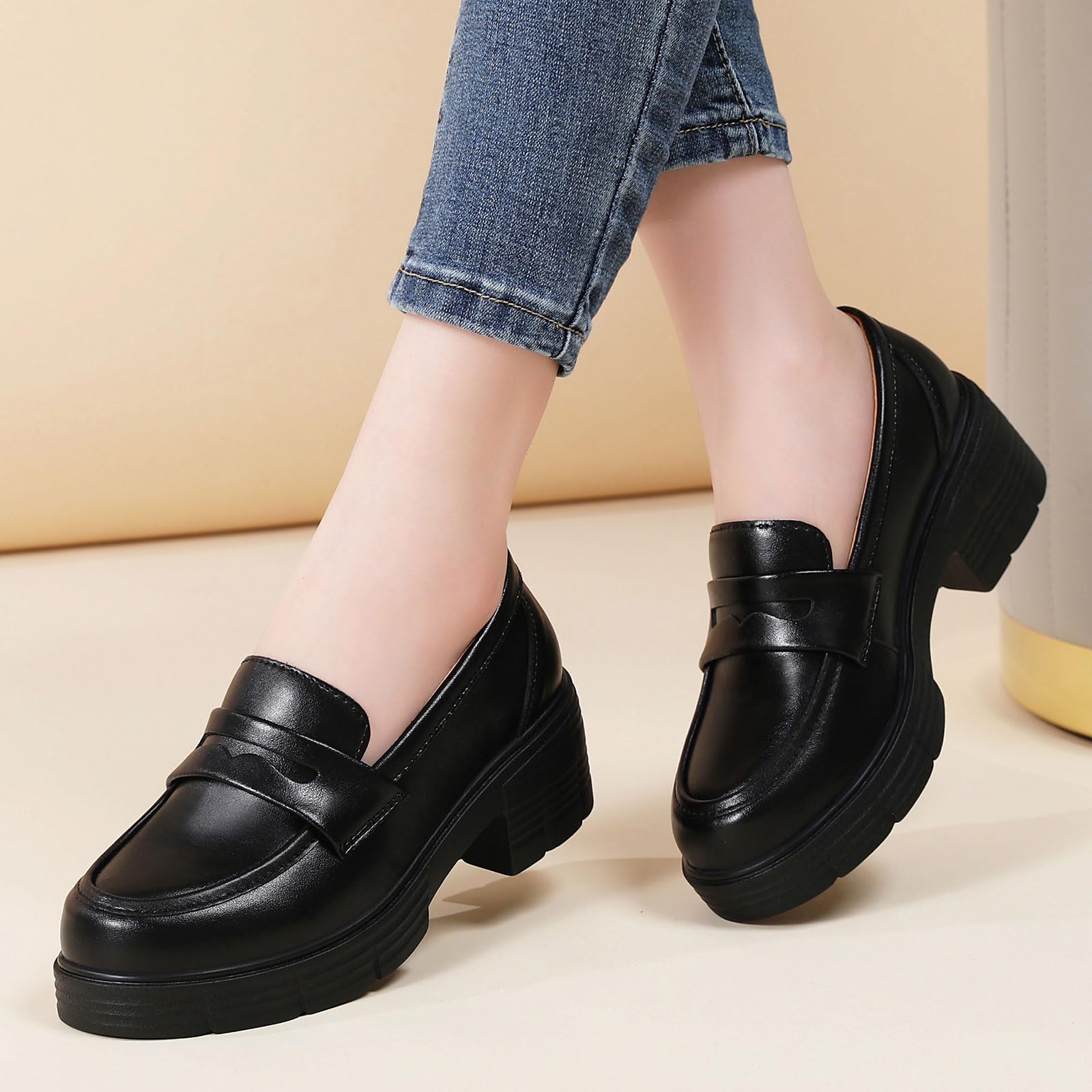 TKKAE Loafers for Women Women's Penny Platform Chunky Loafers Slip-Ons Comfortable Business Casual Dress Office Work Shoes for Ladies,Black Leather,6
