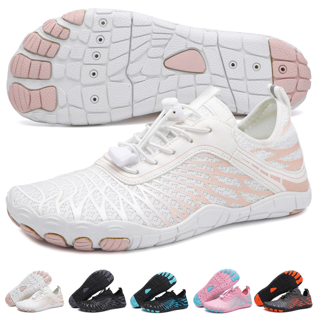 Hike Barefoot Shoes Womens Men,Unisex Barefoot Water Shoes Breathable, Anti-Slip Hiking Footwear for Athletic Wide Toe Shoe Footwear for Hiking, Walking, Running, Yoga, and Water Sports White Pink