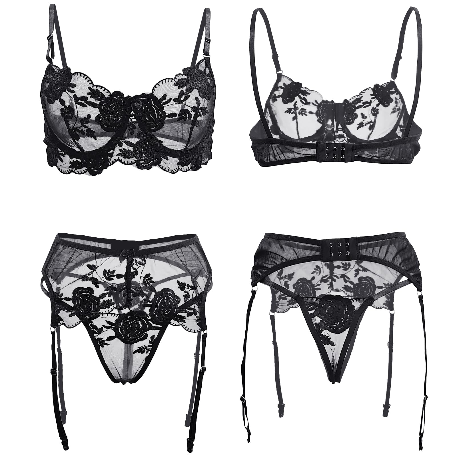 Womens Sexy Floral Lace Bra Thong and Garter Sets Embroidery Lingerie Set Push up Bra and Panty Thong Naughty 3 Piece (Black, S)