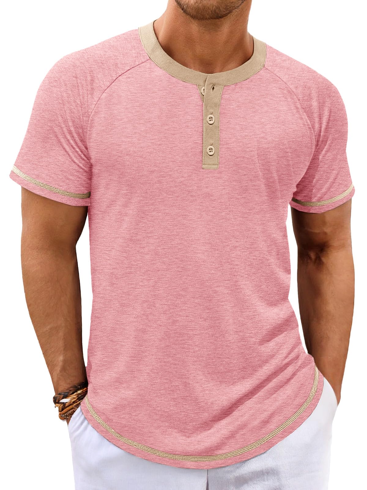 Makkrom Mens Henley Shirts Short Sleeve Casual Summer Basic T Shirts Button Vintage Lightweight Tee Tops Pink
