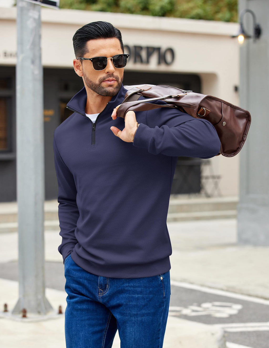 COOFANDY Mens Sweaters and Pullovers Light Weight 1/4 Zip Polo Sweatshirts Soft Stylish Quilted Sweatshirt Navy Blue