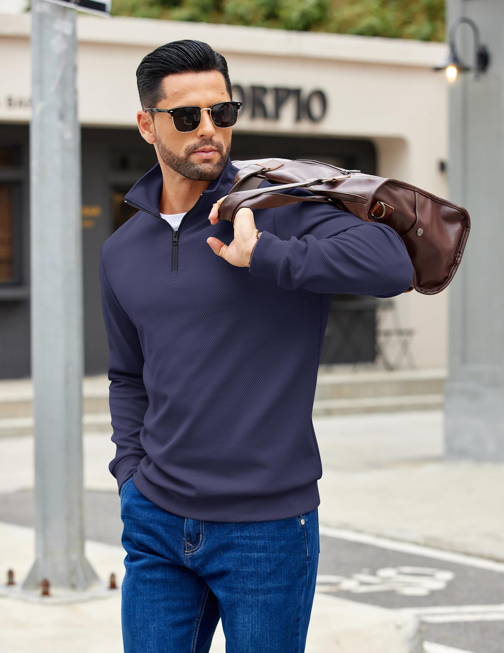 COOFANDY Mens Sweaters and Pullovers Light Weight 1/4 Zip Polo Sweatshirts Soft Stylish Quilted Sweatshirt Navy Blue