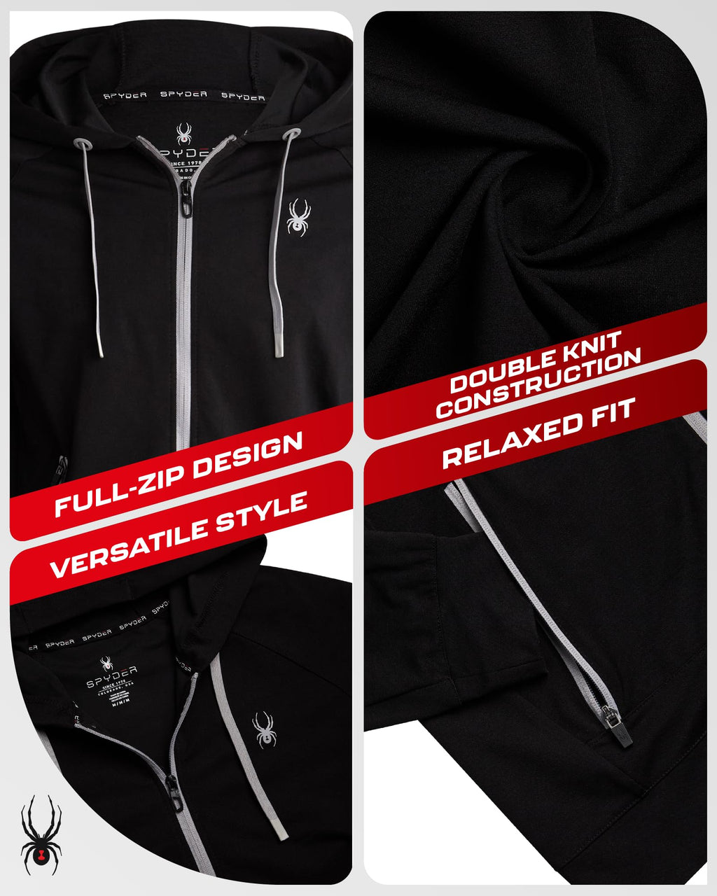 Spyder Active Mens Zip Up Hoodie - Athletic Tech Double Knit Full Zip Up Hoodies for Men Workout Gym with Side Pockets (S-XL), Size Large, Black