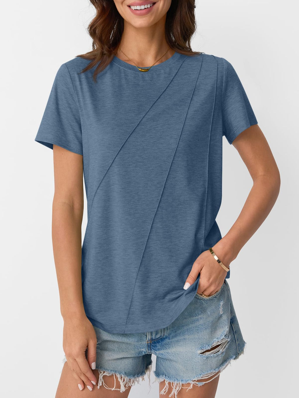 AUTOMET Womens Summer Tops Workout Shirts Beach Vacation Outfits Business Tshirts Dressy Fashion Spring Clothes 2025 Navy L