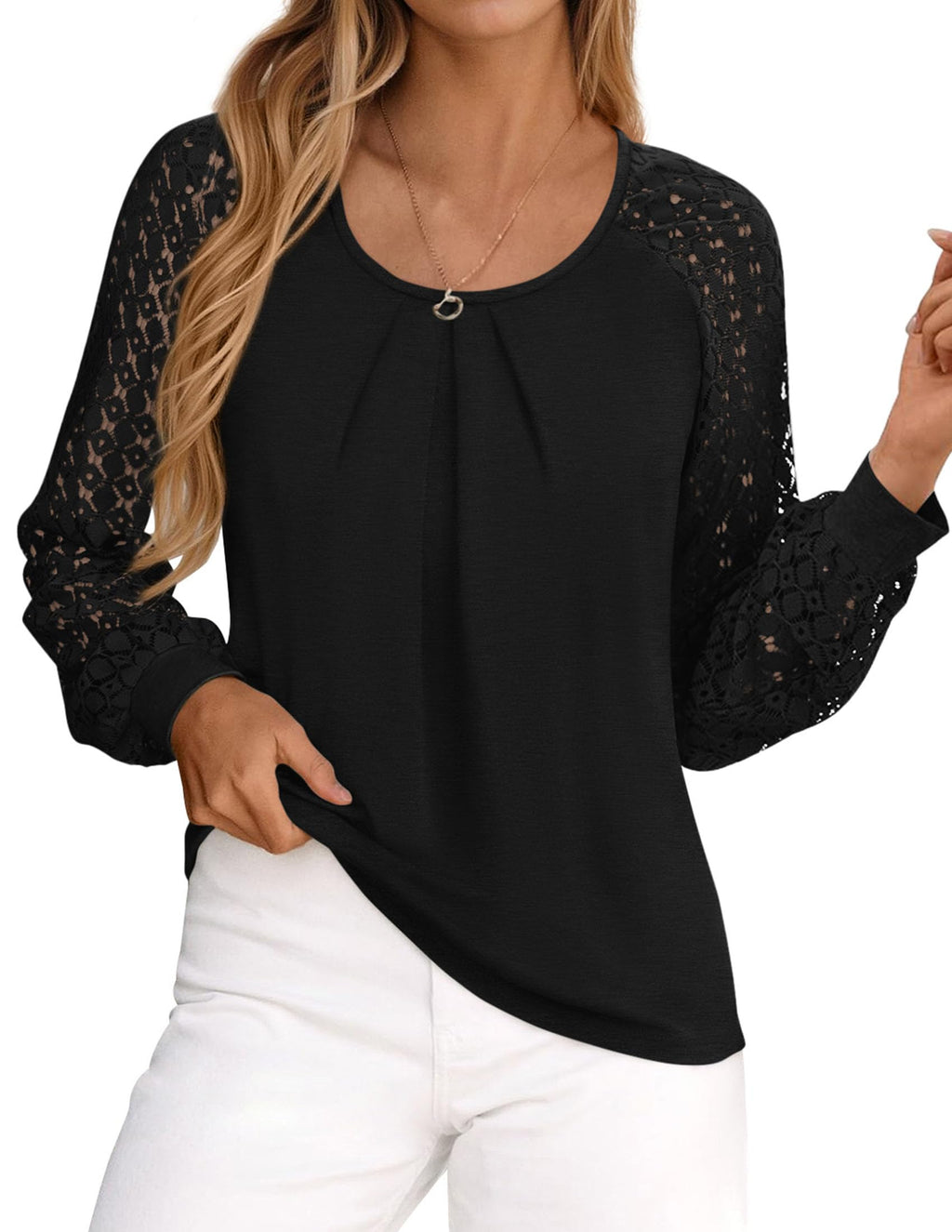 PRETTYGARDEN Long Sleeve Shirts for Women Trendy Lace Tops Dressy Casual Blouses 2025 Fall Outfits Fashion Clothing (Black,Large)