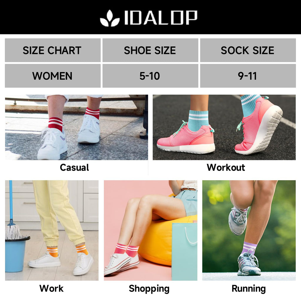 IDALOP 20 Pairs Cute & Colorful Striped Quarter Crew Women's Colored Socks, Size 9-11