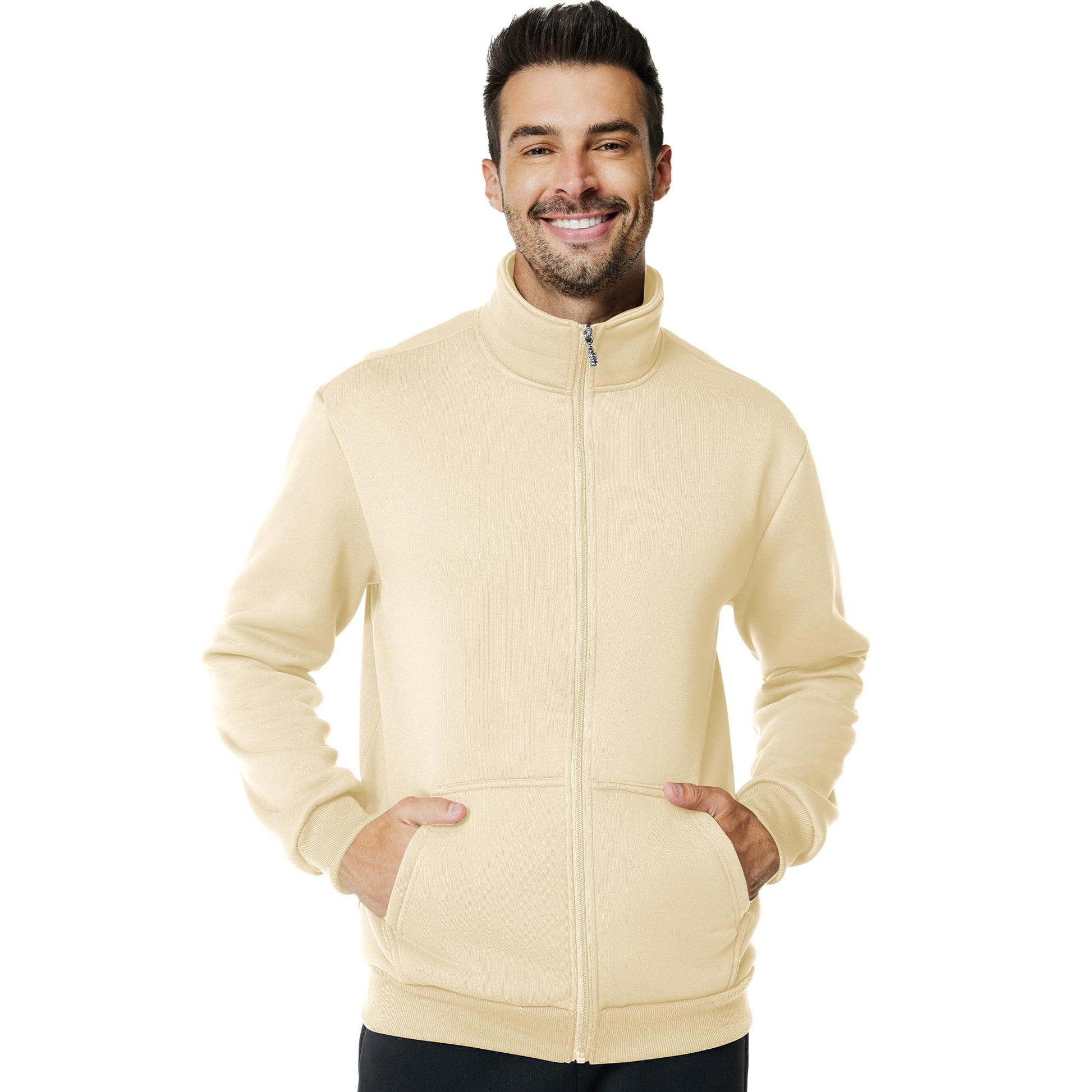 Men's Fleece Full Zip Up Sweatshirt Casual Lightweight Long Sleeve Mock Neck Jackets with Pocket(M,Khaki)
