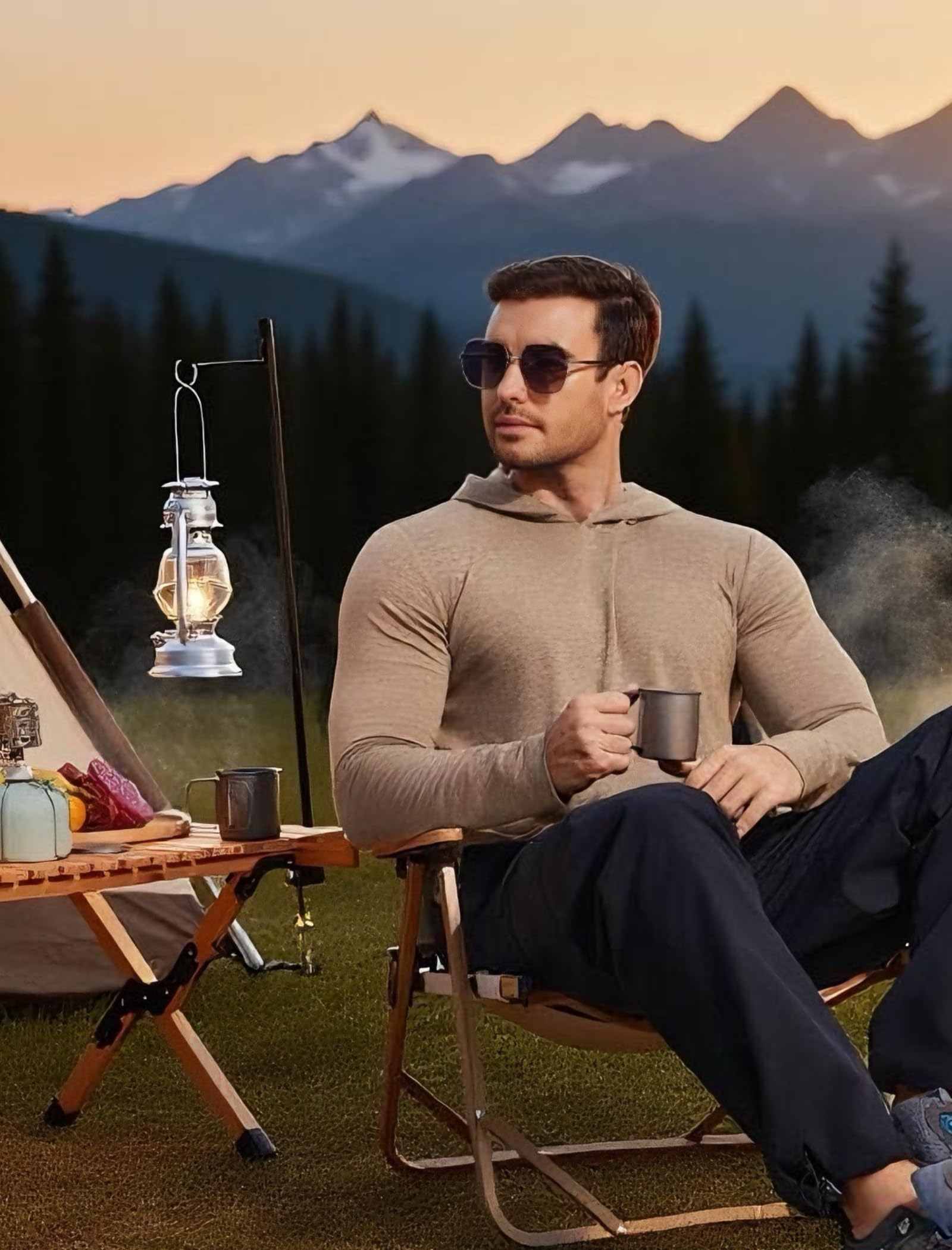 PINSPARK Men's Active Long Sleeve Hoodie Pullover Lightweight Sweatshirts Quick Dry Running Hiking Shirts Khaki