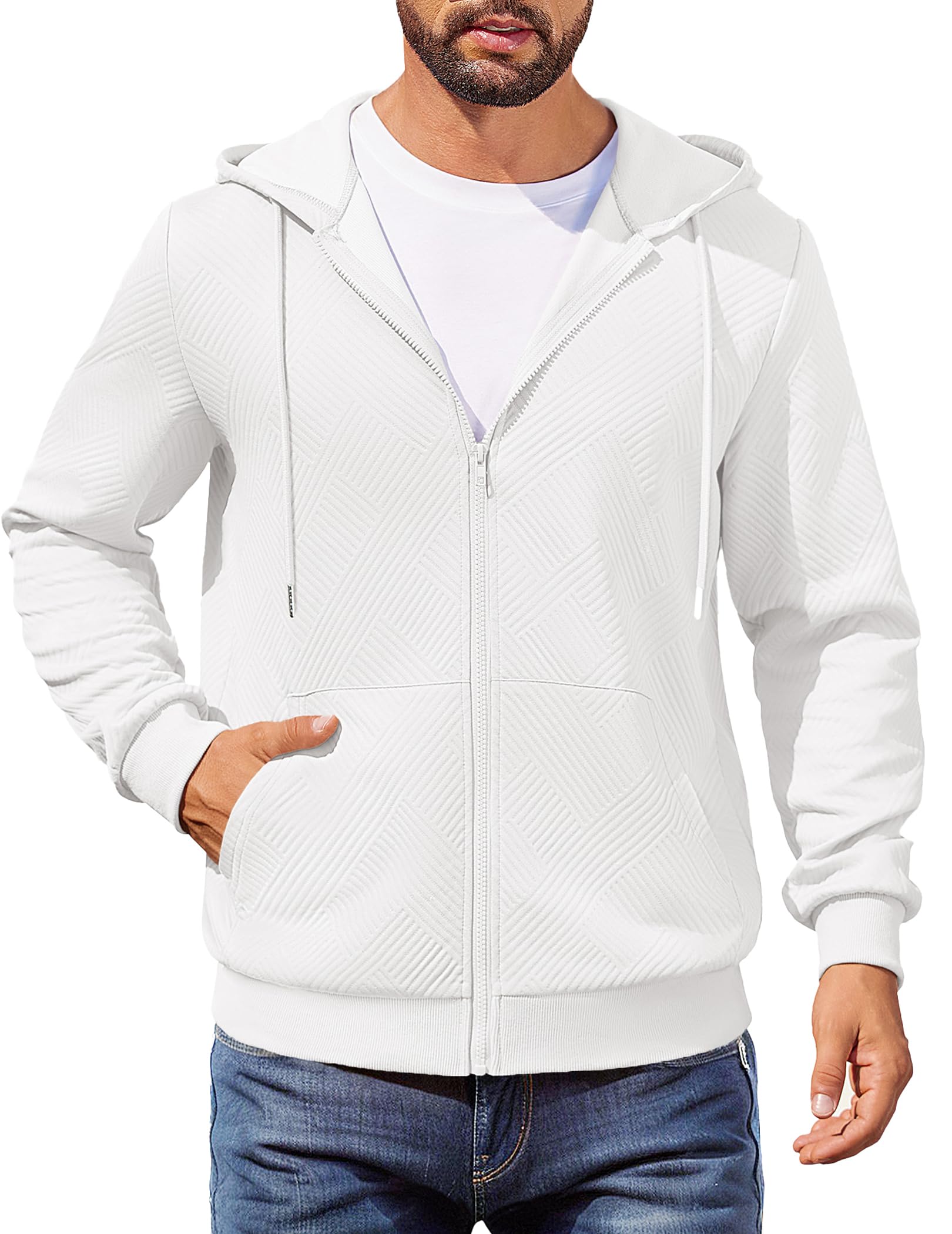 COOFANDY Zip Hoodies For Men Lightweight Zip Up Hoodies Long Sleeve Fashion Knit Hoodie With Pocket, White, Small