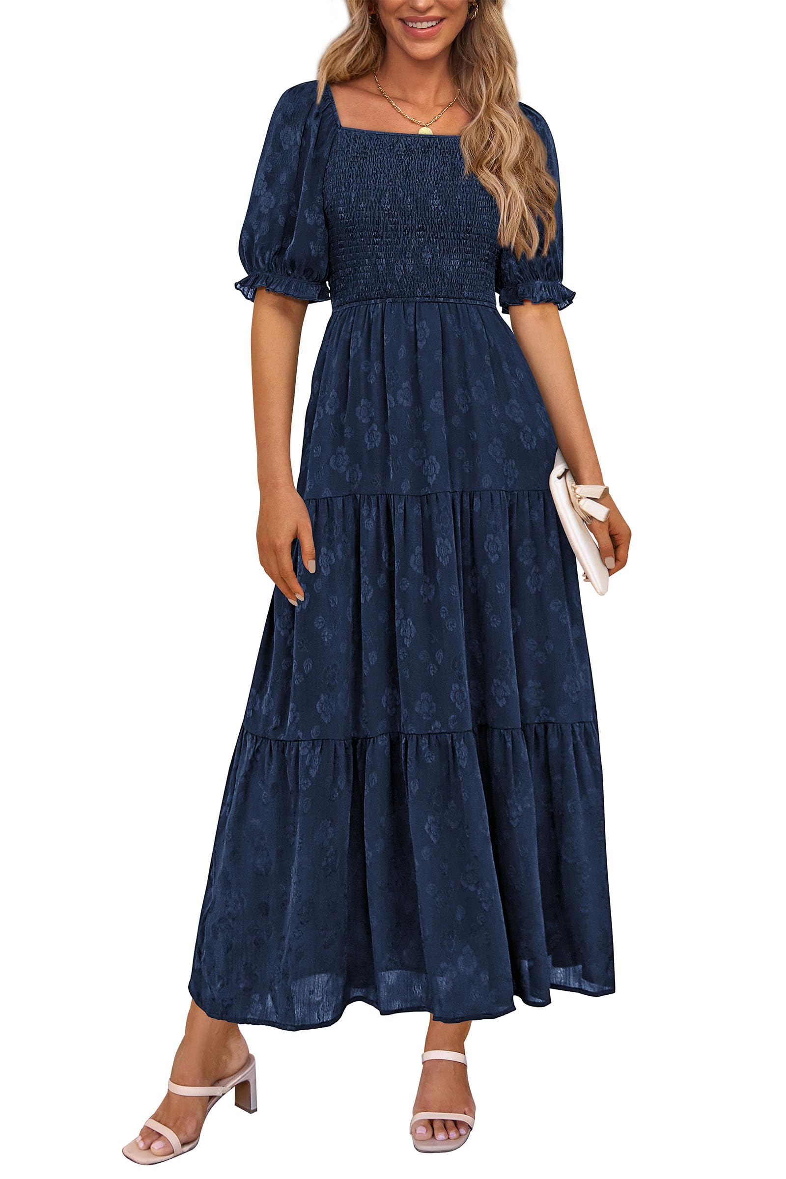 PRETTYGARDEN Women's 2025 Summer Casual Midi Dresses Square Neck Short Sleeve Smocked A Line Floral Flowy Elegant Boho Dress (Dark Blue,Medium)