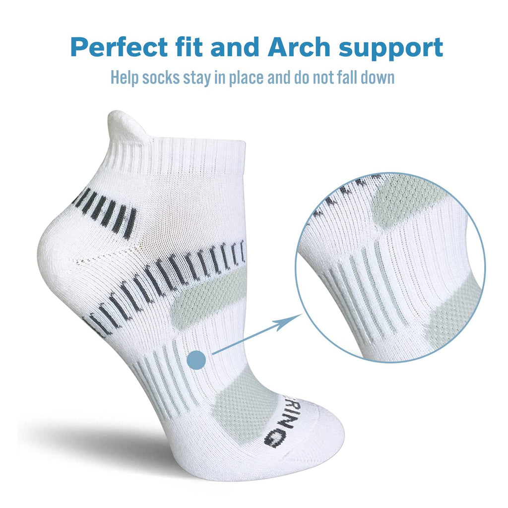 BERING Women's Athletic Running Cushioned Ankle Socks, Size 6-9, White, 6 Pairs