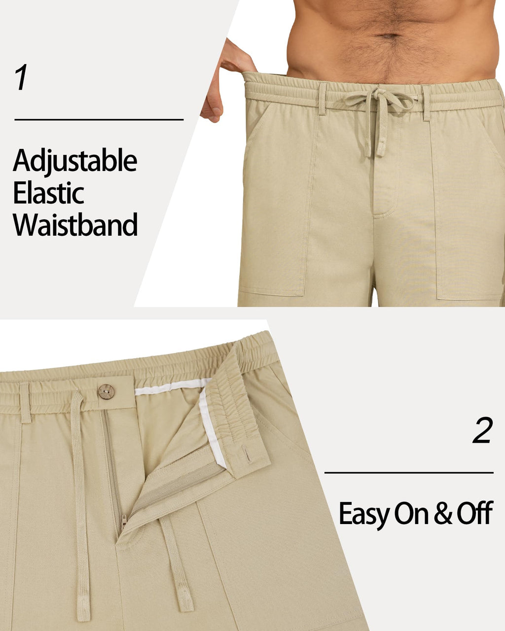 DOWMQ Mens Linen Pants Casual Elastic Waist Drawstring Pants Loose Straight Linen Pant Beach Trousers with 4 Pockets Khaki, M
