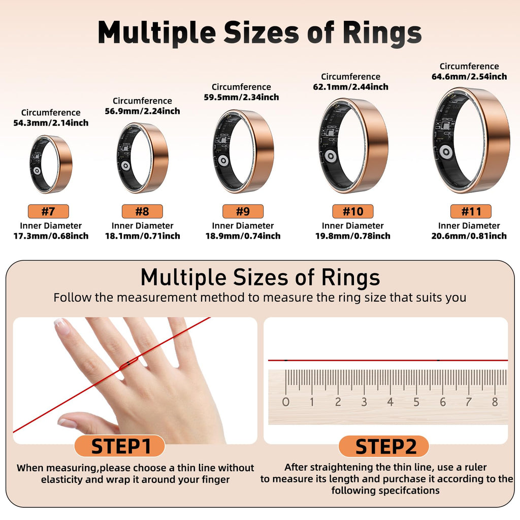 SARUNN ER Smart Ring with Sleep Monitoring, Step Counting, Heart Rate, Blood Oxygen, Blood Pressure for iPhone and Android, No Subscription Fee, IP68 Waterproof Health Tracker (Rose Gold, 10)