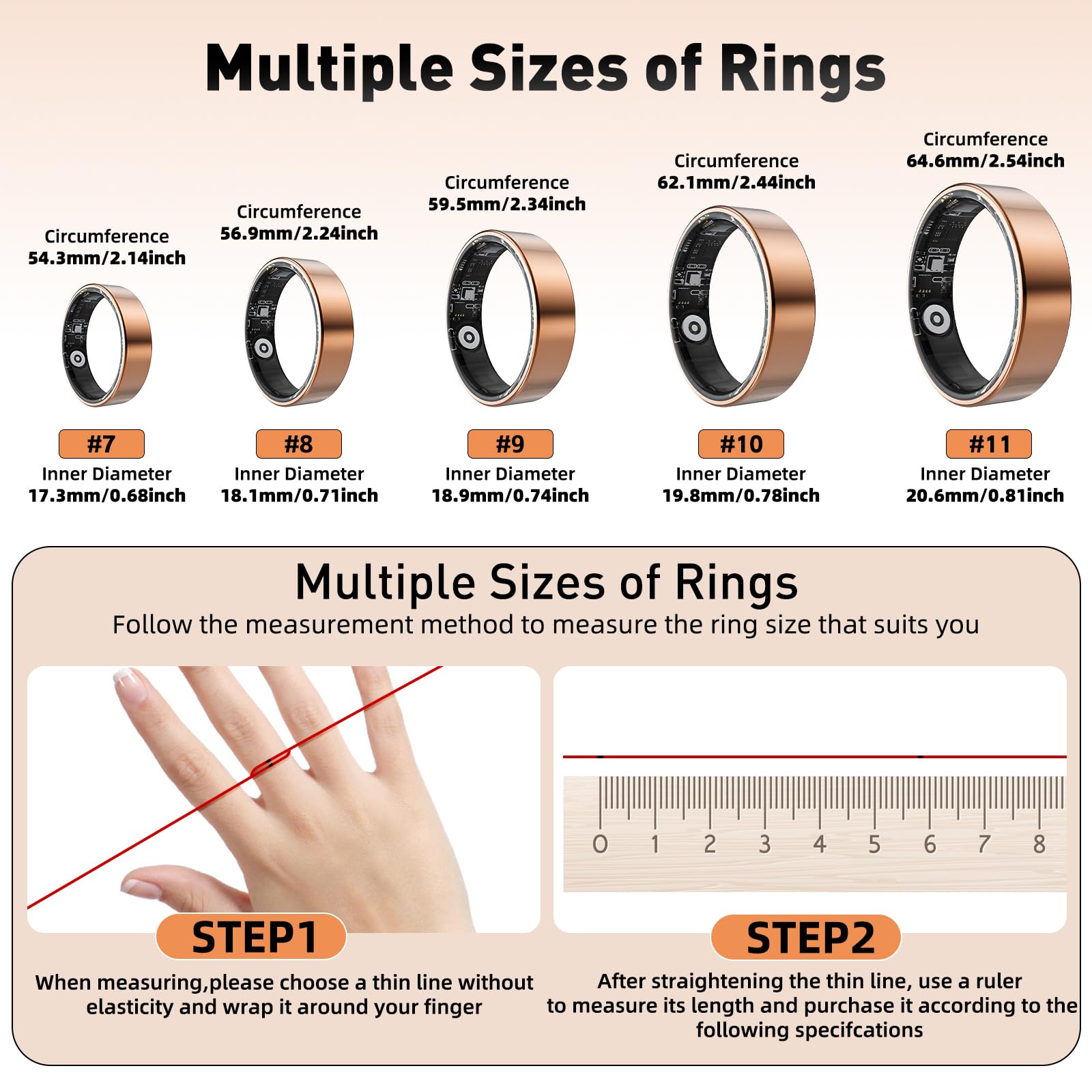 SARUNN ER Smart Ring with Sleep Monitoring, Step Counting, Heart Rate, Blood Oxygen, Blood Pressure for iPhone and Android, No Subscription Fee, IP68 Waterproof Health Tracker (Rose Gold, 10)