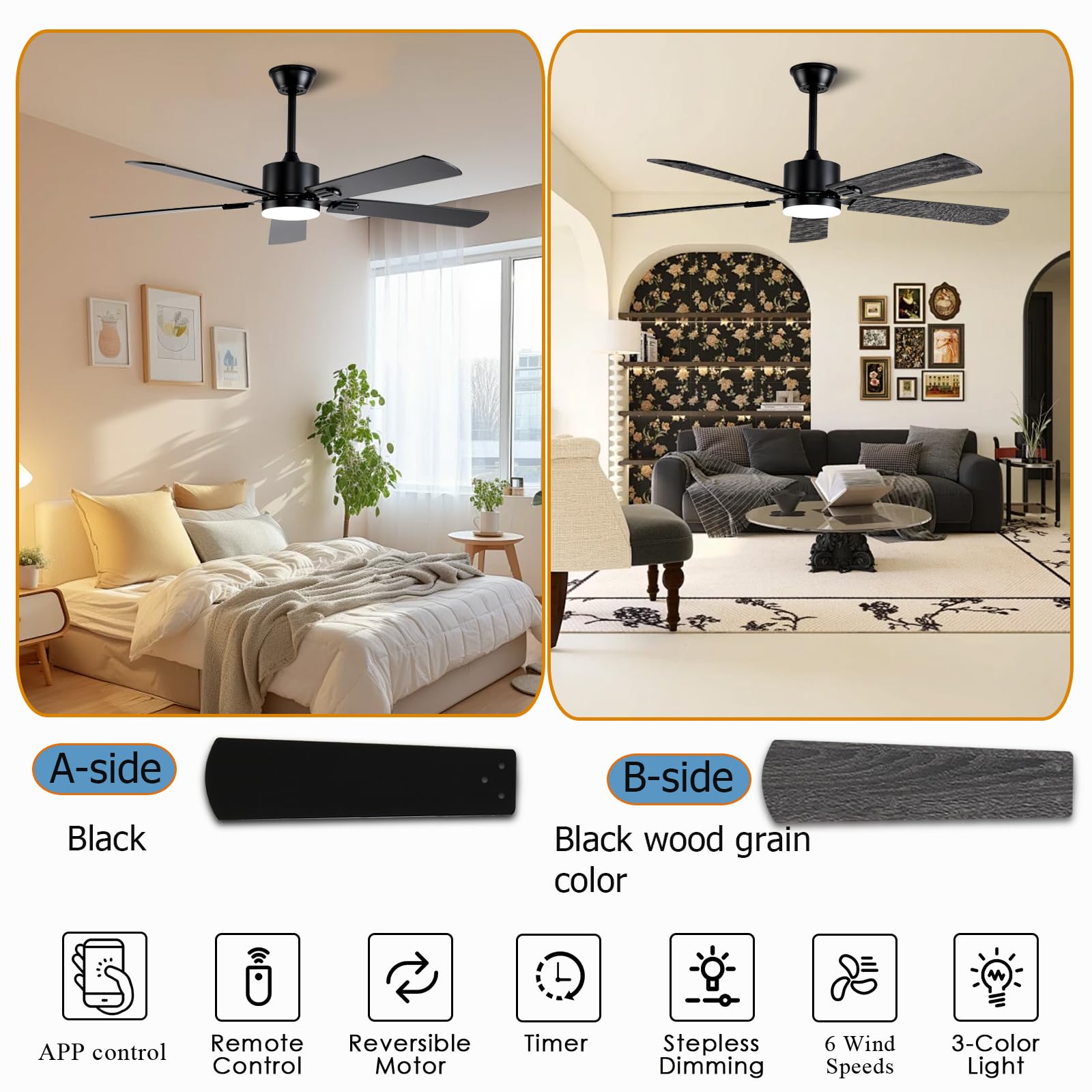 FUMLTP 52 inch Modern Ceiling Fans with Lights APP/Remote Control, Low Profile Reversible 6 Speeds Ceiling Fan Light for Indoor/Outdoor Patio Bedroom Living Room,Black