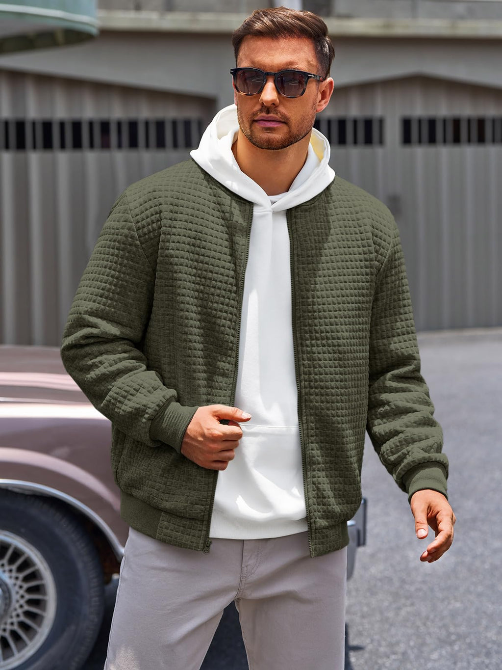 Runcati Mens Bomber Jacket Casual Lightweight Varsity Jackets Waffle Full Zip Coat