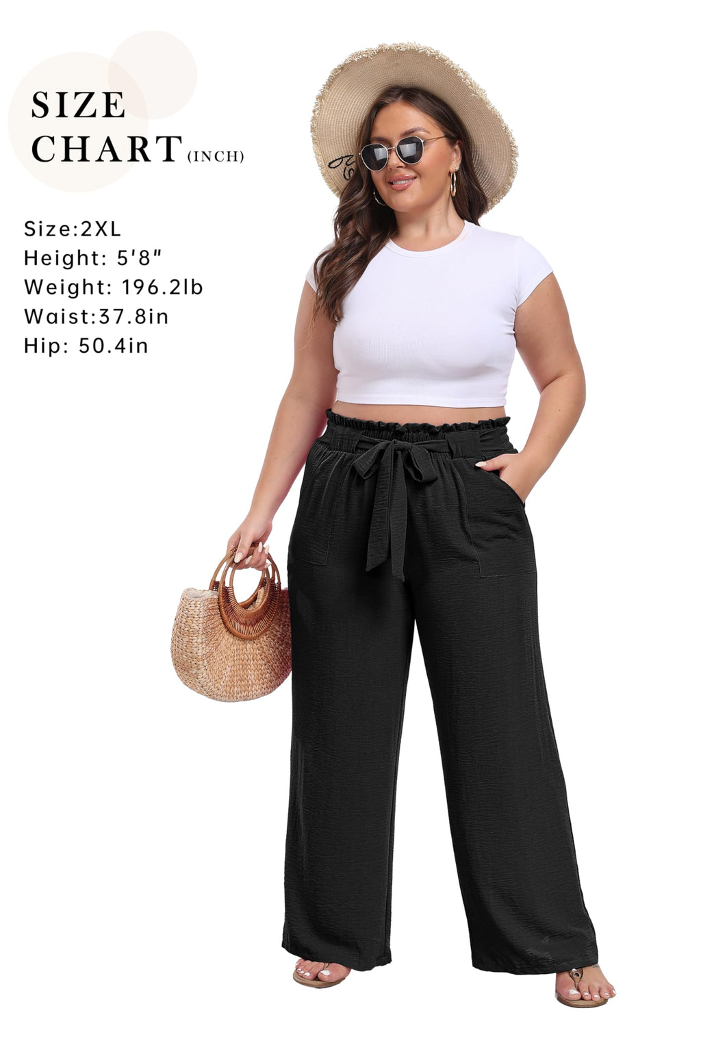IWOLLENCE Women's Wide Leg Pants with Pockets High Waist Adjustable Knot Loose Casual Trousers Business Work Casual Pants Black Large