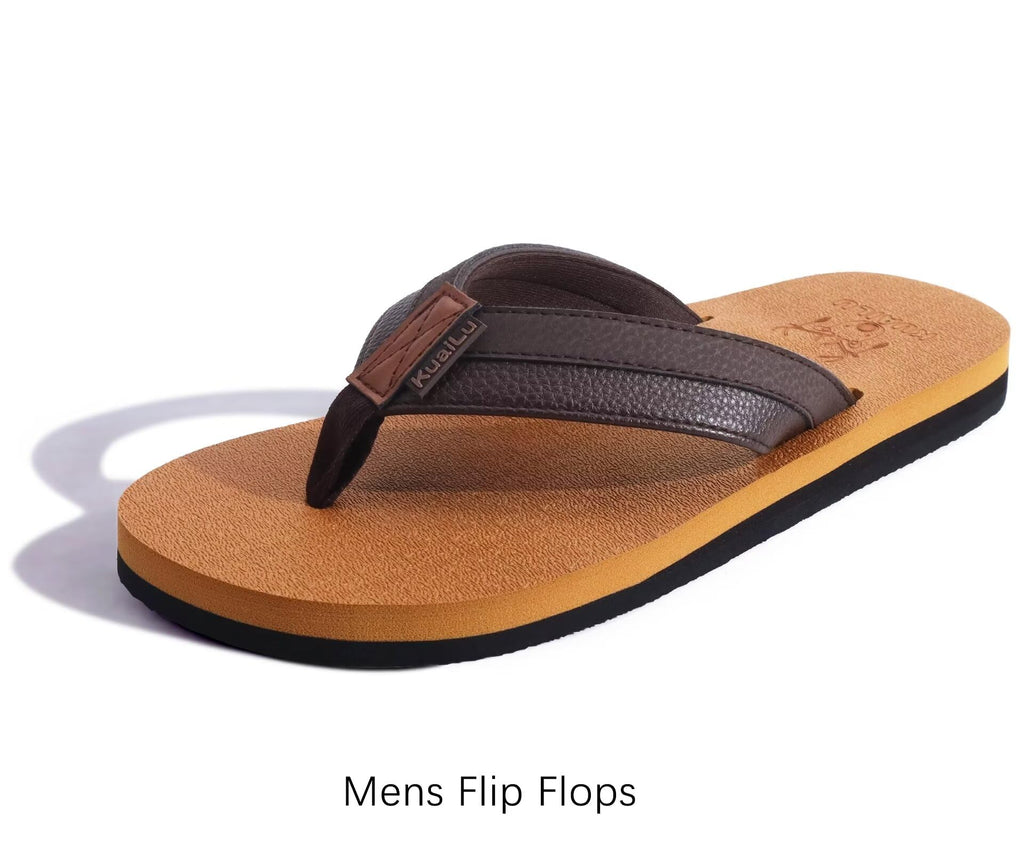 KuaiLu Mens Leather Flip Flops Arch Support Summer Beach Pool Water Thong Sandals Waterproof Essentials Walking Shoes Slip on Orthotic Casual Sport Cushioned Wide Slides Shower Slippers Khaki Size 11