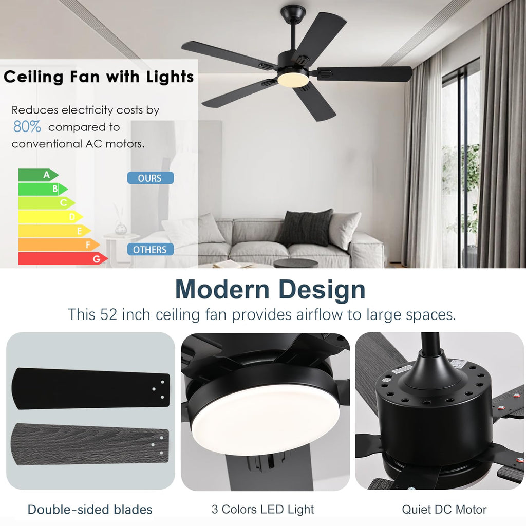 FUMLTP 52 inch Modern Ceiling Fans with Lights APP/Remote Control, Low Profile Reversible 6 Speeds Ceiling Fan Light for Indoor/Outdoor Patio Bedroom Living Room,Black