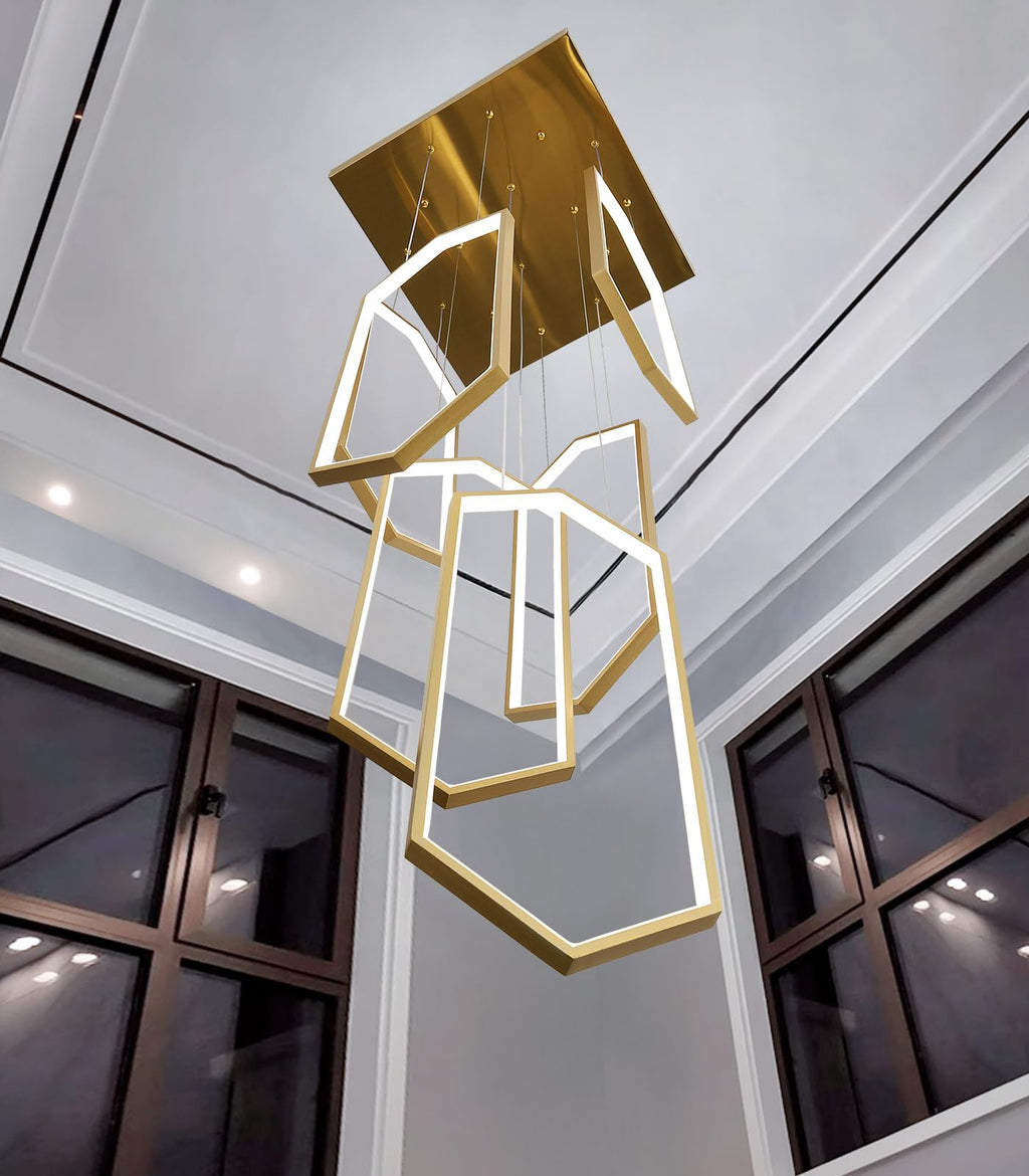 dolria 6-Rings Chandelier Modern, Gold Contemporary LED Light for Living Room Entrance, Dimmable Flush Mount High Ceiling Chandeliers with Remote Control for Villa Foyer