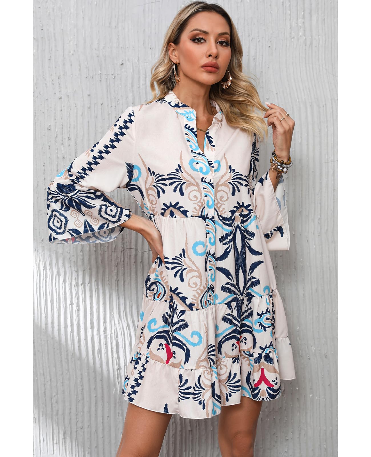 SELINK Womens Long Sleeve Dresses Casual V Neck Tribal Print Button Flowy Boho Mini Beach Dress Beige-M