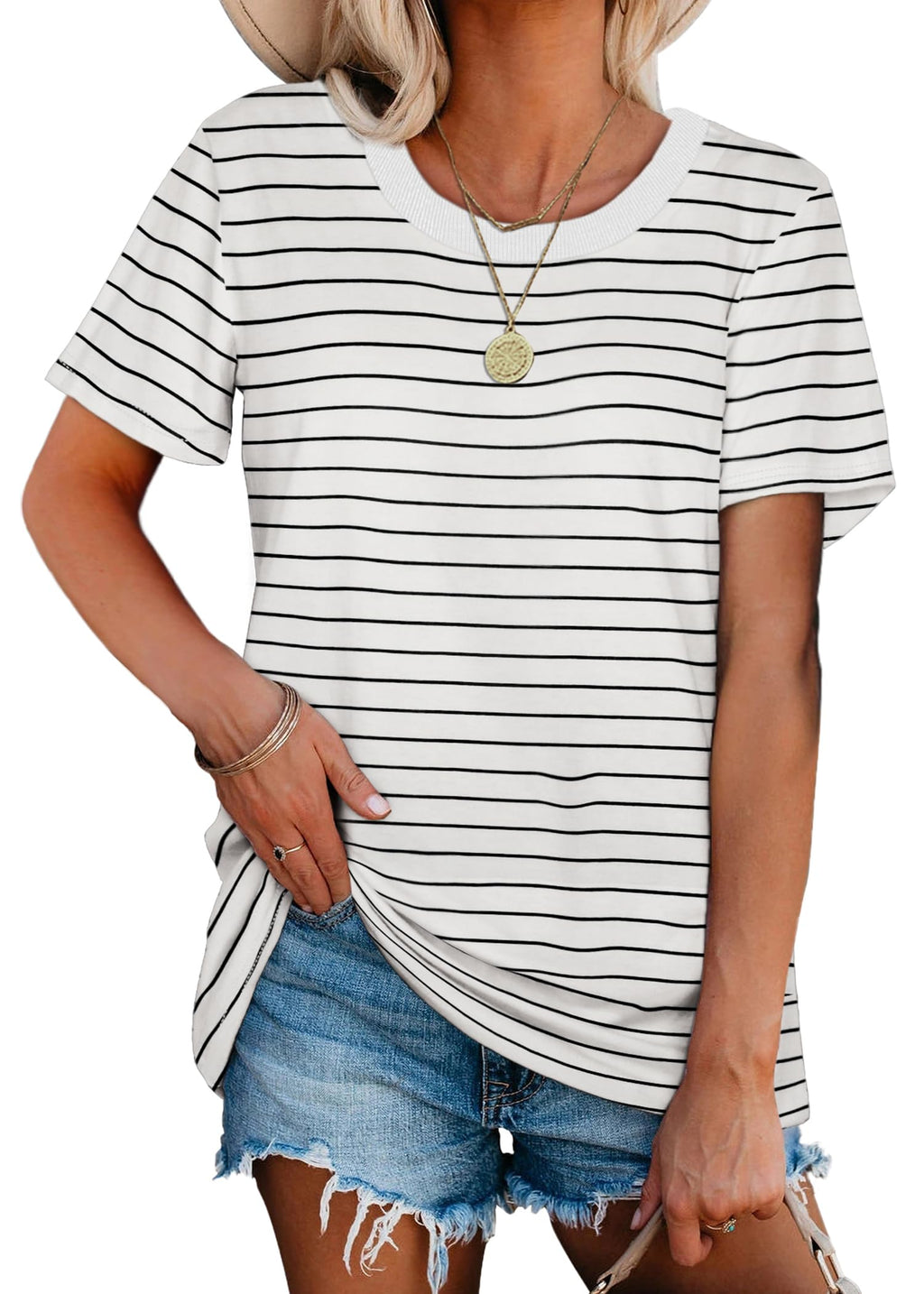Womens Tops Casual Short Sleeve White Striped T Shirts for Summer M