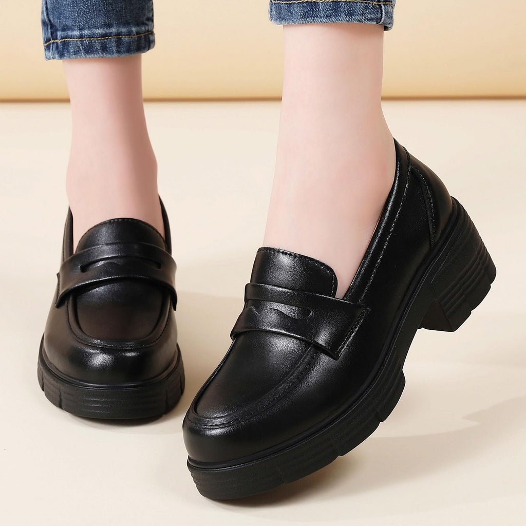 TKKAE Loafers for Women Women's Penny Platform Chunky Loafers Slip-Ons Comfortable Business Casual Dress Office Work Shoes for Ladies,Black Leather,6