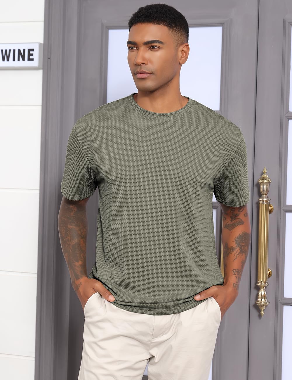 QOSOQ Men's Casual T-Shirts Knit Short Sleeve Crewneck Shirts Casual Stylish Knitted Pullover Tees Top Green
