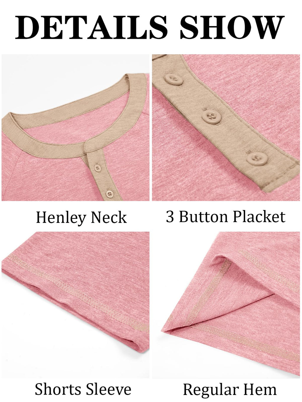 Makkrom Mens Henley Shirts Short Sleeve Casual Summer Basic T Shirts Button Vintage Lightweight Tee Tops Pink