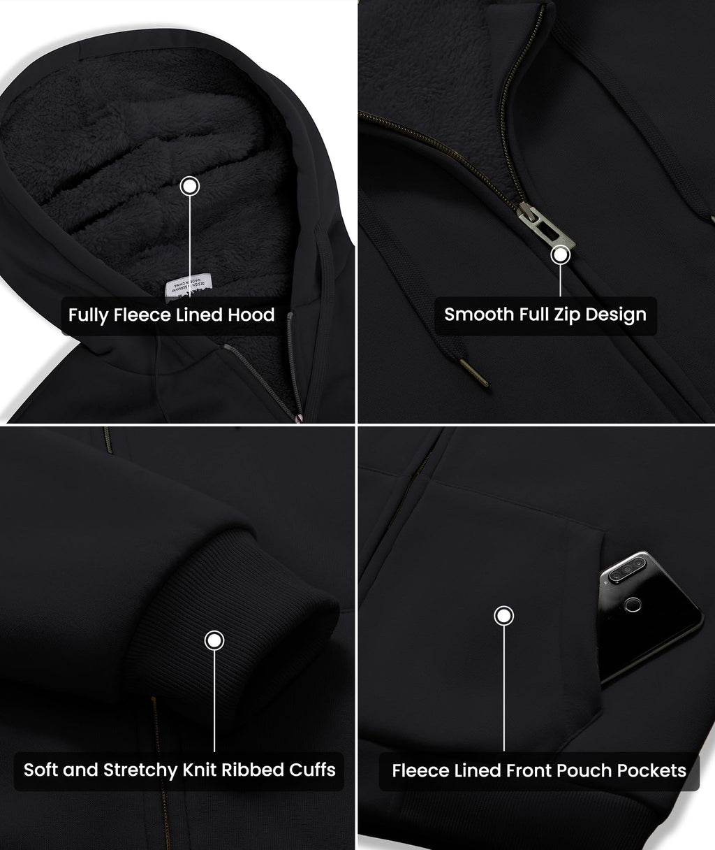 GEEK LIGHTING Hoodies for Men Heavyweight Fleece Sweatshirt - Full Zip Up Thick Sherpa Lined All black L