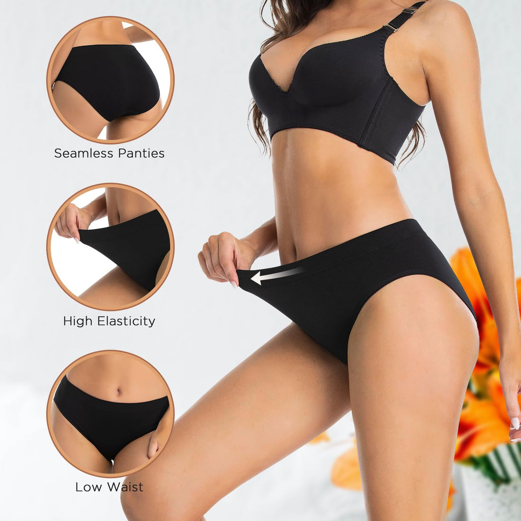 Womens Bikini Panties Seamless Underwear, Soft Stretch Cheekini Hipster Briefs 6 Pack (Black L)