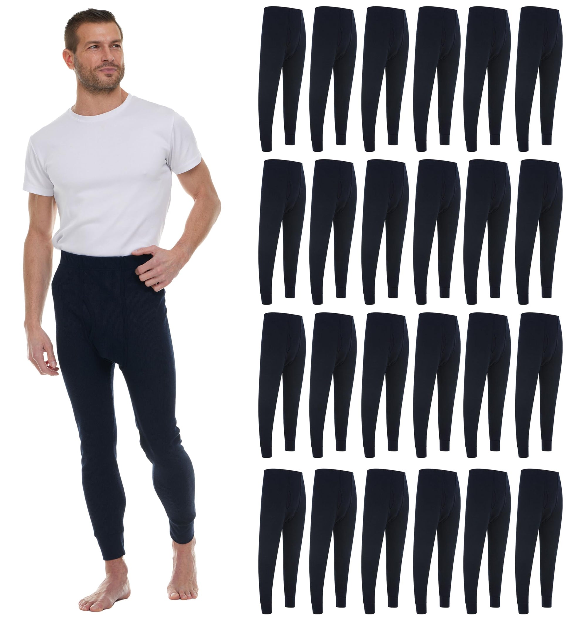 24 Pack Thermal Pants for Men, Long Johns Mens Underwear Bulk Wholesale, Cotton, Solid Colors, Shelter Donations (Navy Blue)