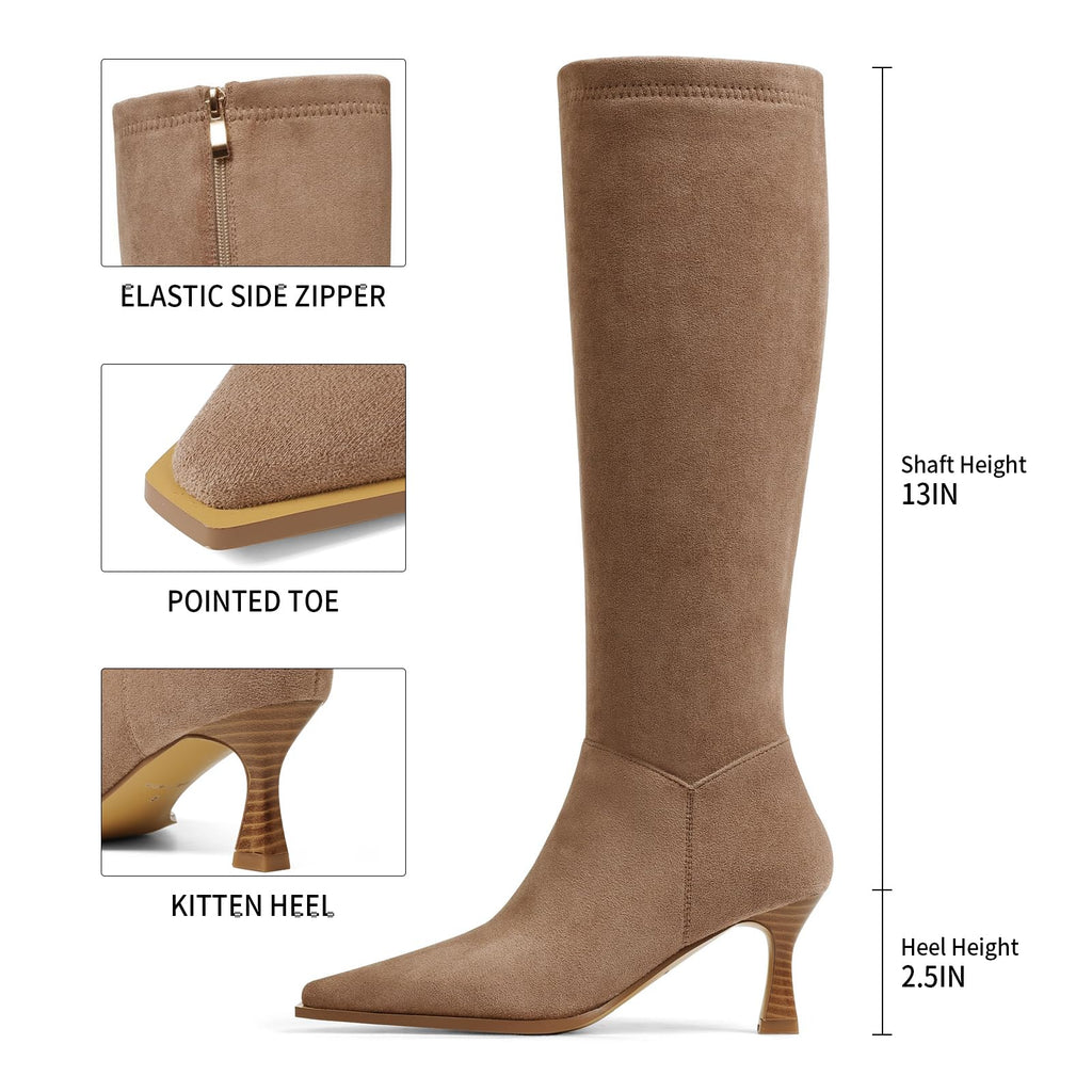 Goiphrri Knee High Boots for Women Elastic Wide Calf Kitten Heel Boots with Side Zipper Suede Brown Pointed Toe Stiletto Boot Shoes Trendy Dress Fall Boot for Women Size 8