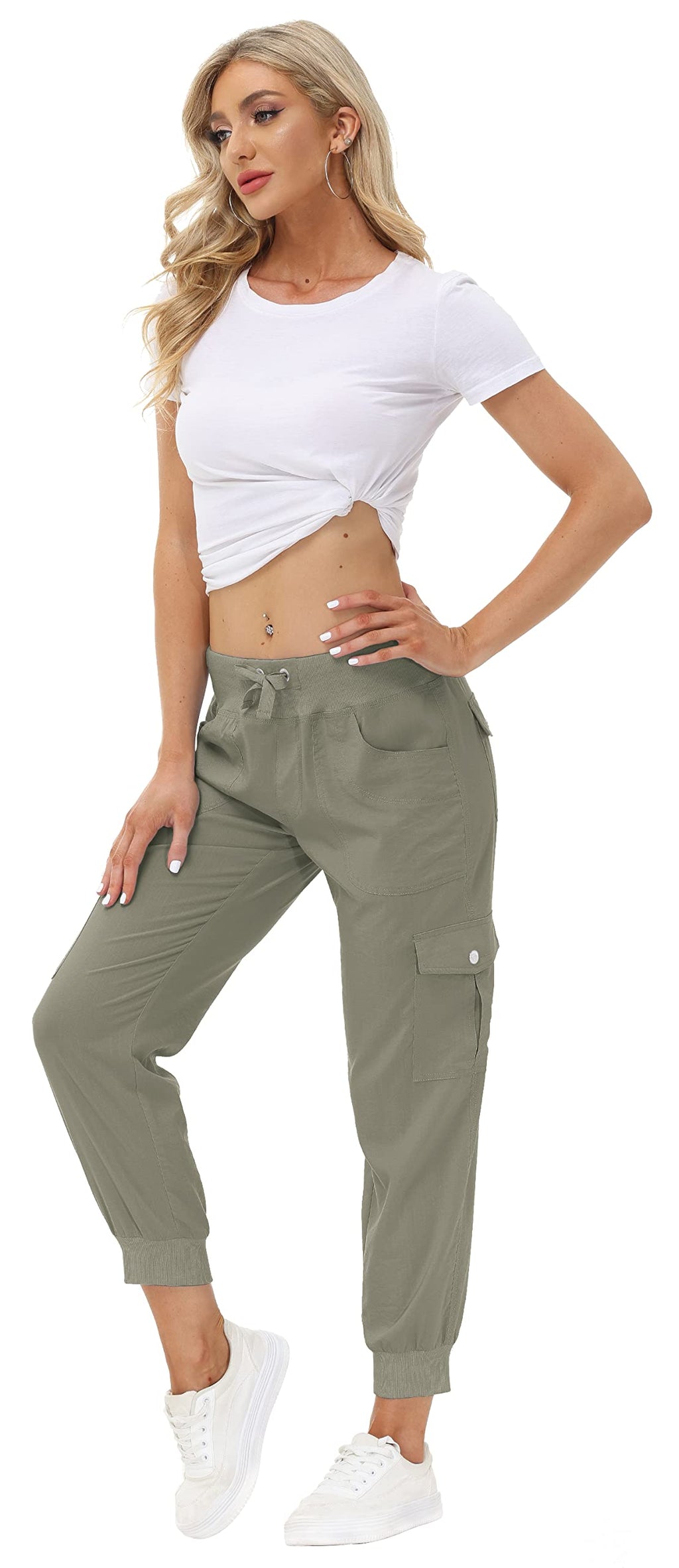 MoFiz Women's Hiking Pants Cargo Joggers Sweatpants with Pockets Lightweight Quick Dry Outdoor Summer Casual Athletic Elastic Waist Grey Khaki XS