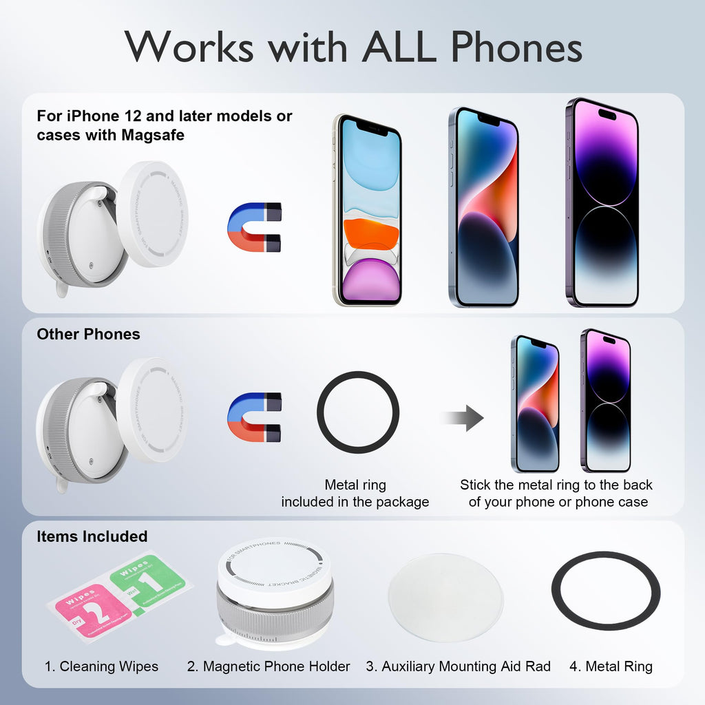 CornrStr 360° Vacuum Magnetic Phone Holder Compatible w/Magsafe- Foldable Hands-Free Mount for Dashboard/Shower/Mirror/Car/Travel/Gym/, Portable, Reusable Instant Suction, Fits iPhone & Android