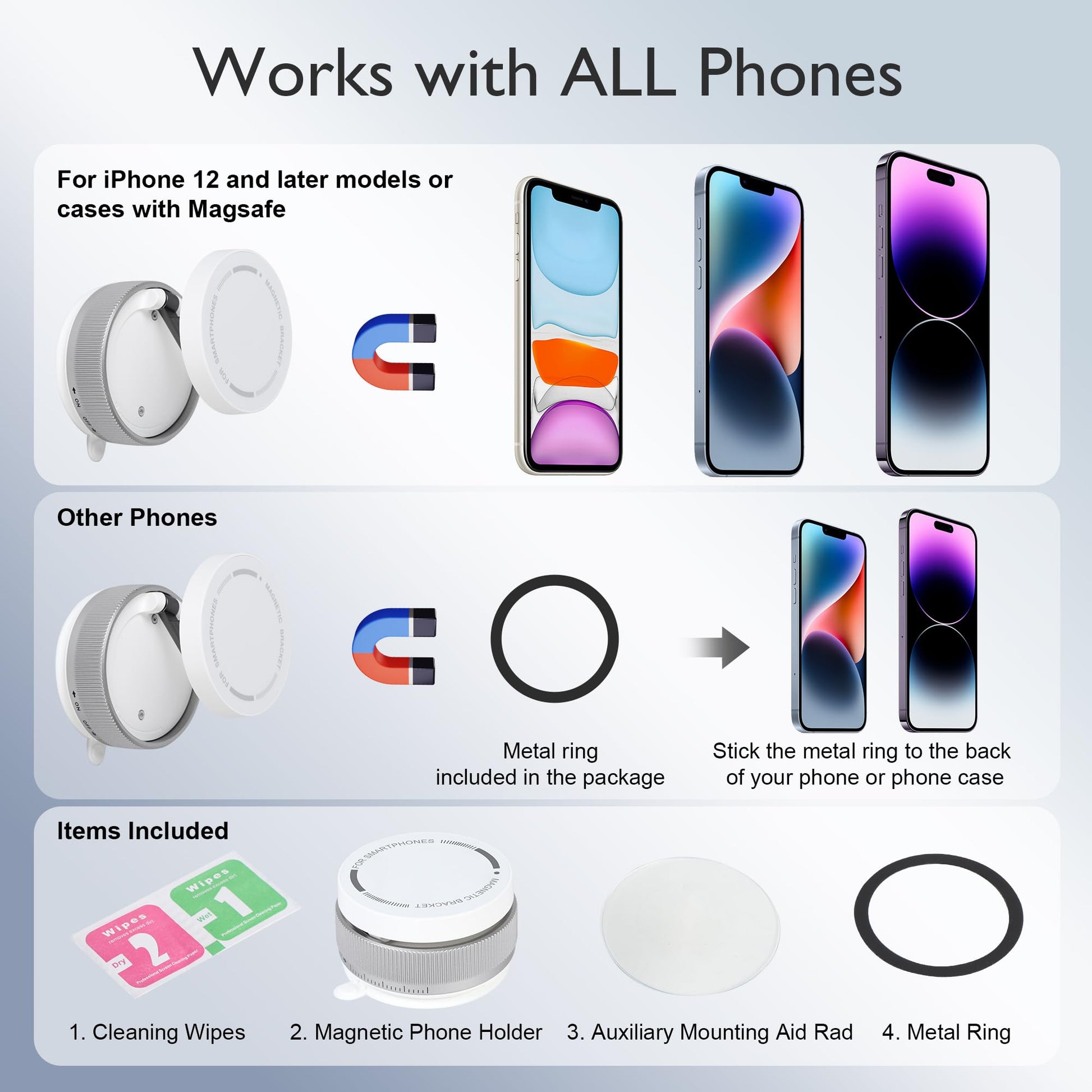 CornrStr 360° Vacuum Magnetic Phone Holder Compatible w/Magsafe- Foldable Hands-Free Mount for Dashboard/Shower/Mirror/Car/Travel/Gym/, Portable, Reusable Instant Suction, Fits iPhone & Android