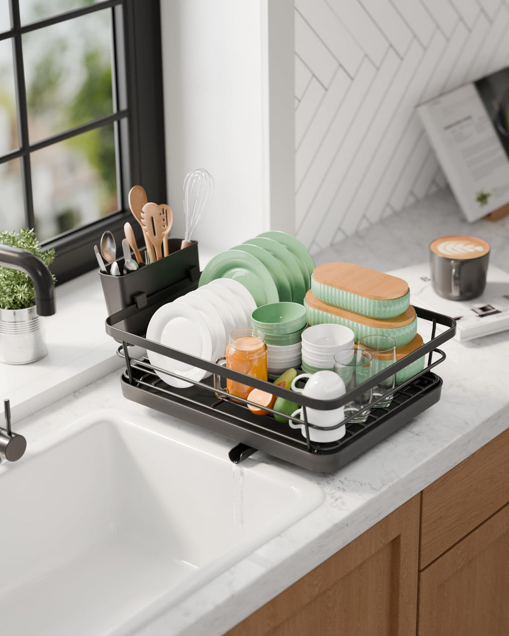 Kitsure Dish Drying Rack for Kitchen Counter, Stainless Steel Sink Organization and Storage Essentials with Cutlery Holder, Home and Appartment Decor, 12''W x 15.5''L, Black