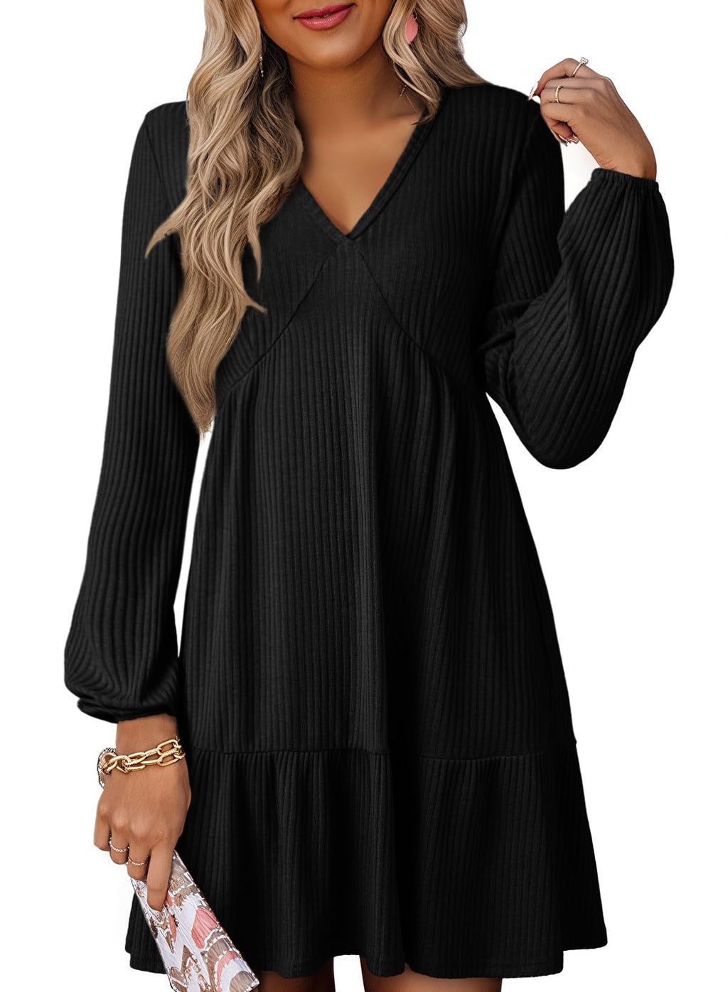 Dokotoo Fall Dresses for Women 2025 V Neck Ribbed Knit Texture Empire Waist Long Sleeve Dress Swing Flared Ruffle A Line Cute Casual Loose Flowy Wedding Guest Party Short Mini Dress Black Small