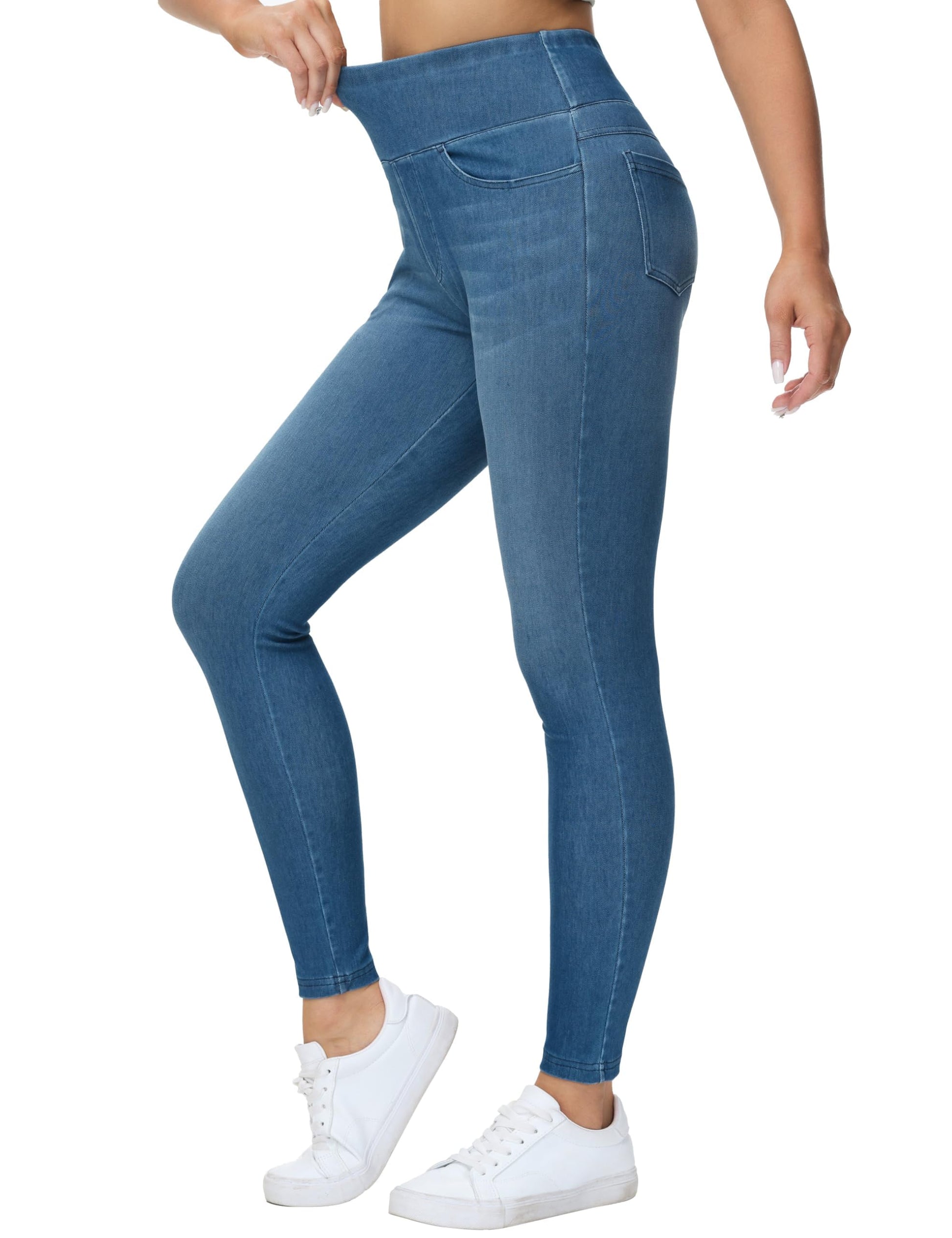 THE GYM PEOPLE Women's High Waisted Jeggings Pants Stretchy Tummy Control Skinny Jean Leggings with Pockets Denim Blue