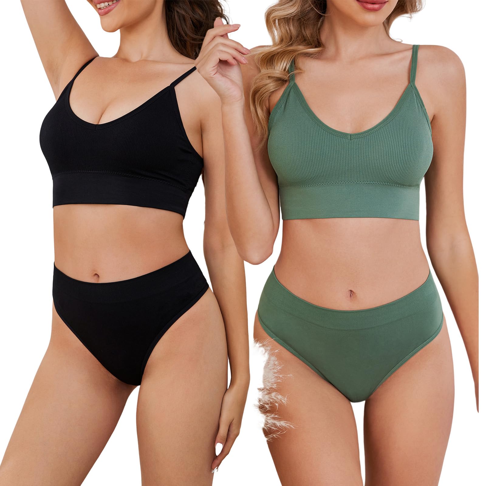 DingCo 2 Pack Bra and Panty Sets for Women, Wireless Ribbed Knit Lingerie Set - Seamless Bra, Ribbed and Basics (2 Pack)