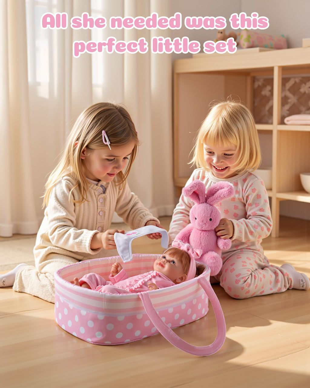 BABESIDE 8 Pcs Baby Doll Accessories, Reborn Baby Dolls Clothes with Bassinet for 17-22 Inch Baby Dolls, Outfit fit Newborn Babies Doll Girl, Babies Pretend Play Set