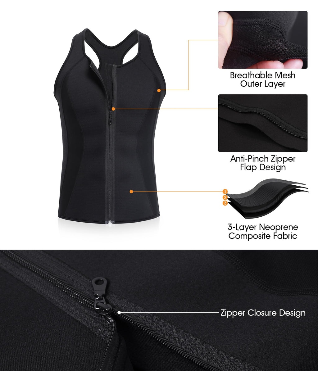 BRABIC Hot Sauna Sweat Suits,Zipper Closure Tank Top Shirt for Weight Lost,Waist Trainer Vest Slim Belt Workout Fitness-Breathable, Neoprene Fabric (Black Sauna Tank Top, L)